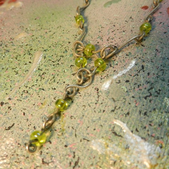 VTG Hand Crafted pendant necklace OOAK green pewtertone lariat bolo silver chain - Picture 6 of 9